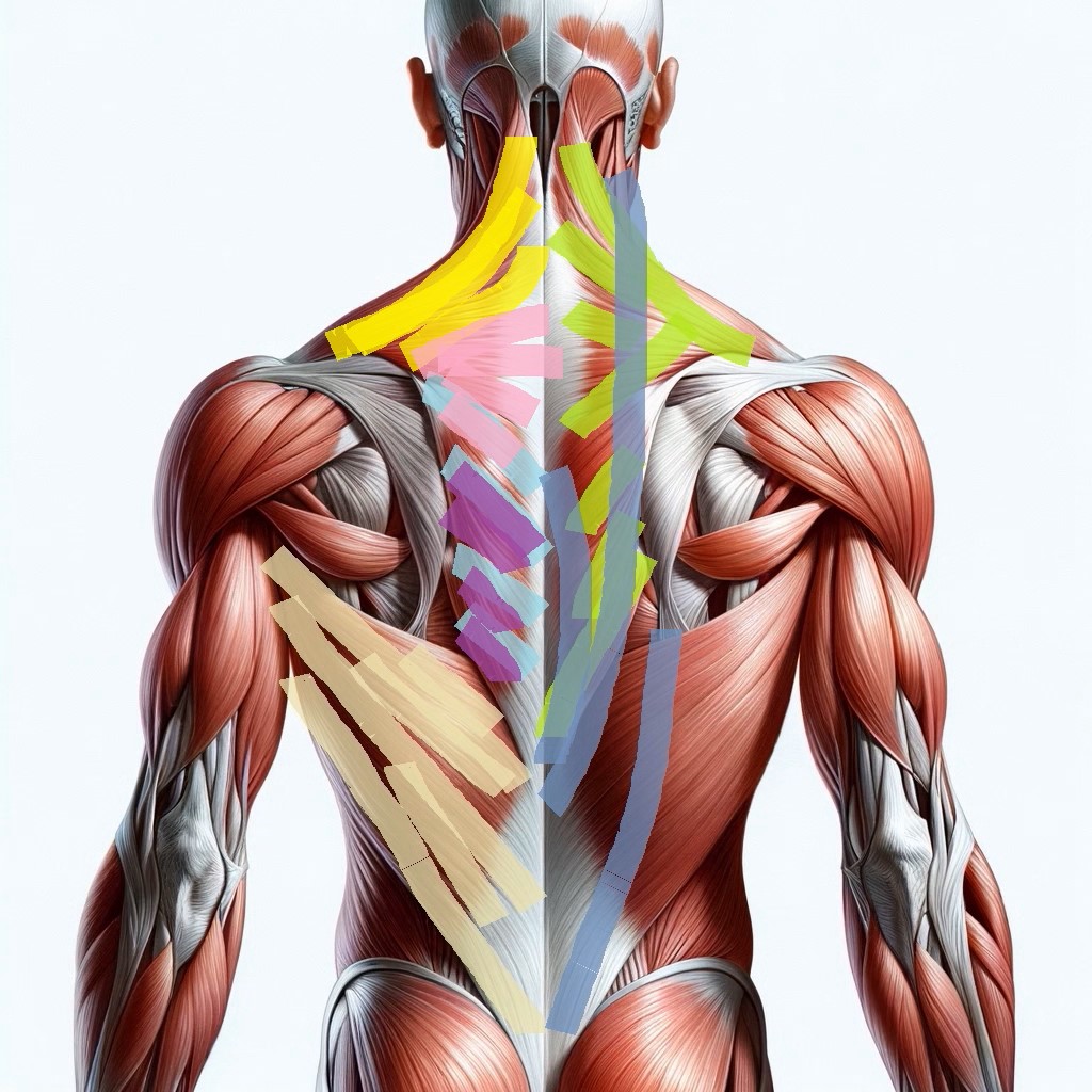 Anatomically correct image of the back showing the latissimus dorsi, trapezius, and erector spinae