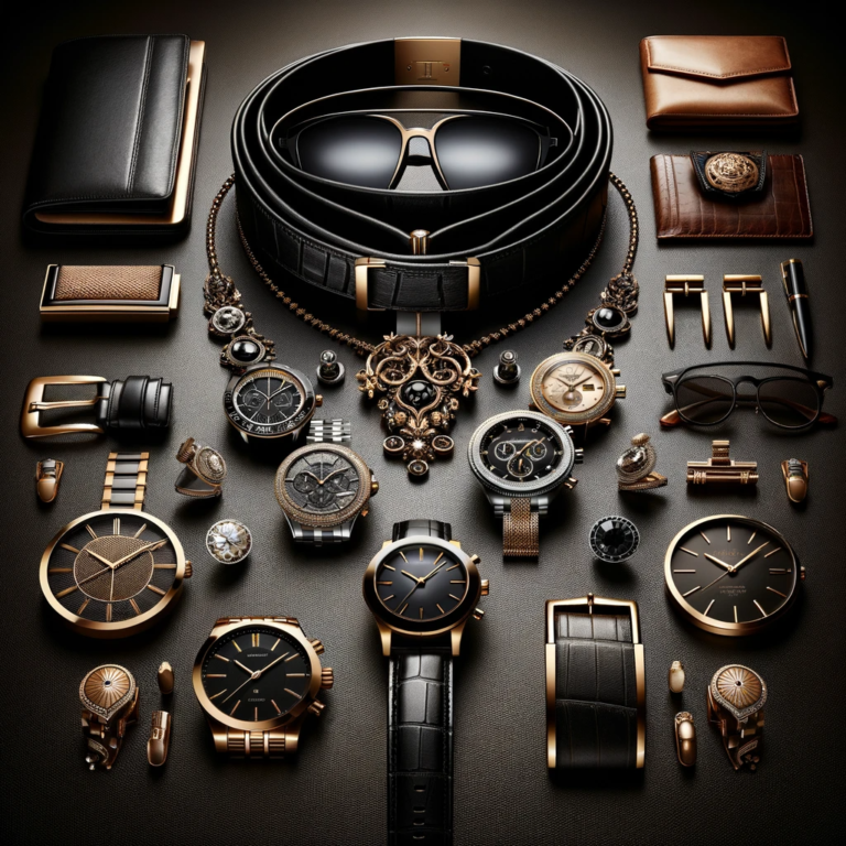 An display featuring an-array of mens accessories-including-watches,cufflinks,sunglasses,wallets,and belts