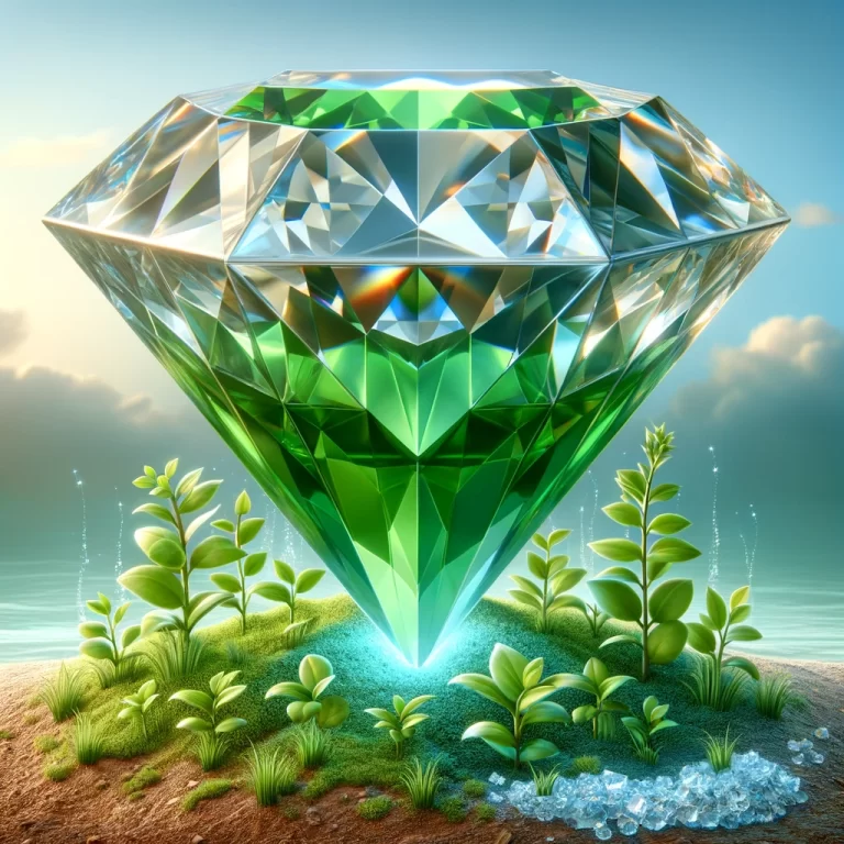 DALL·E-2024-04-30-17.25.52-Visualize-an-eco-diamond-as-a-traditional-clear-diamond-transforming-into-a-vivid-green-diamond-that-symbolizes-environmental-aid